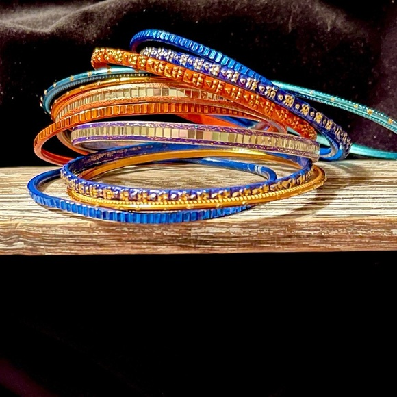 Jewelry - 12 bangle bracelets orange and blue with gold design